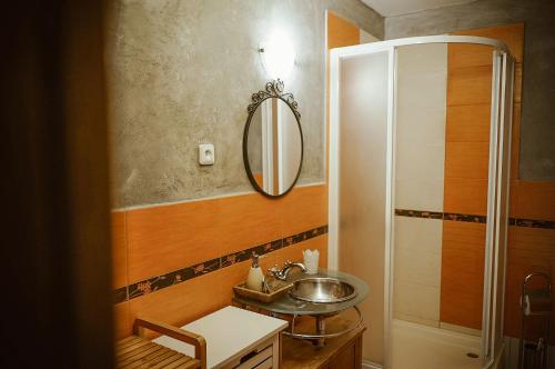a bathroom with a sink and a shower at Hotel Stein Elbogen in Loket