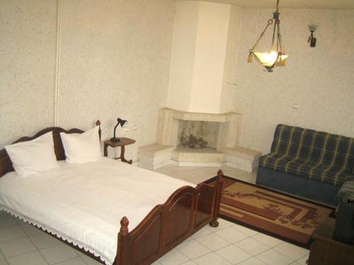 a bedroom with a bed and a couch and a fireplace at Bohemi Hotel in Arbanasi