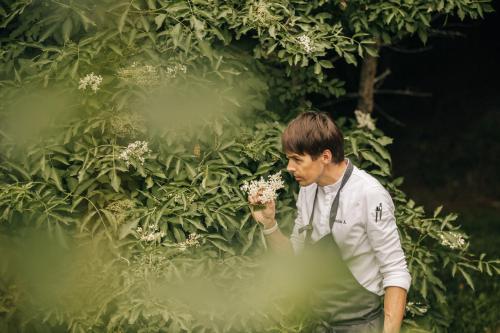 a man is looking at a bunch of flowers at Naturhotel Leitlhof in San Candido