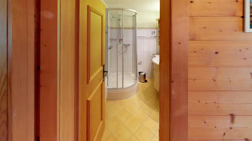 a bathroom with a shower and a toilet and a door at Danica in Blatten bei Naters