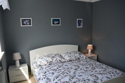 a bedroom with a white bed with blue walls at Retro vila in Slušovice