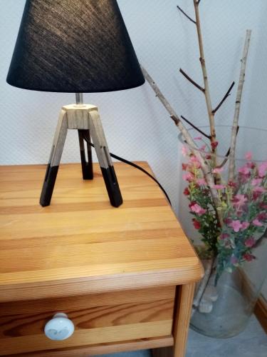 a lamp on a table with a vase of flowers at Kőszeghegyalja Vendégház in Horvátzsidány