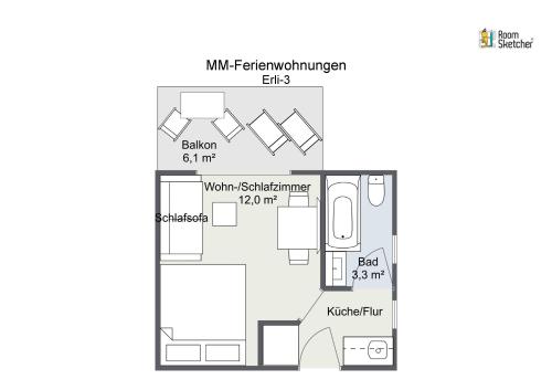 Grundriss eines kleinen Hauses in der Unterkunft Ferienwohnungen Haus Erli in Mittenwald