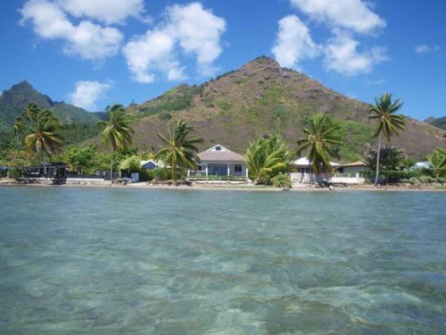 a house on a beach with palm trees in the water at Villa Tepoe Pool and Beach in Moorea