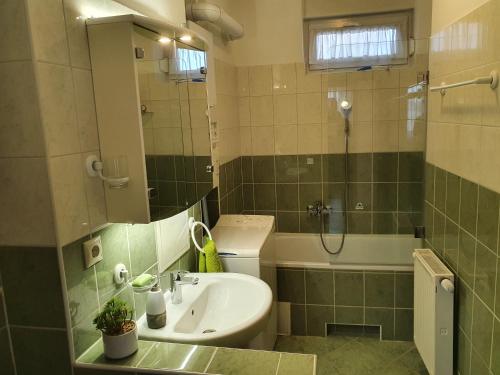 a bathroom with a sink and a toilet and a shower at gyorapartman2 in Győr