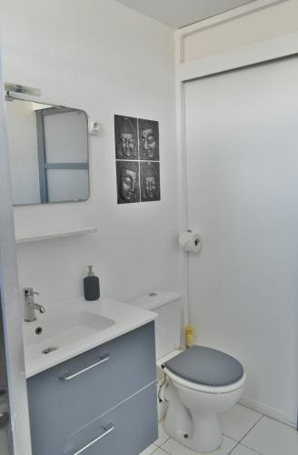 a bathroom with a toilet and a sink and a mirror at EBT House, appartement, jacuzzi vue mer, 10 min aéroport et port in Baimbridge