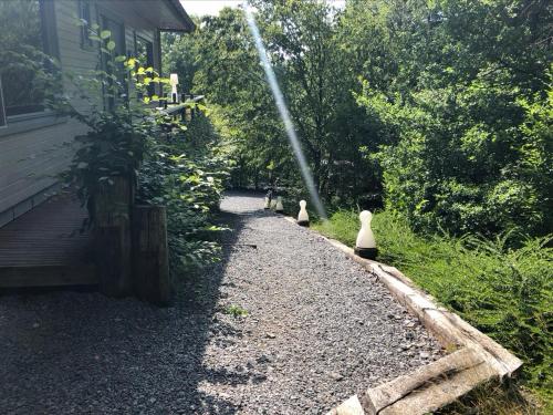 a garden with three birds sitting on a gravel road at Chalet à l'aise met Wellness, Durbuy in Durbuy