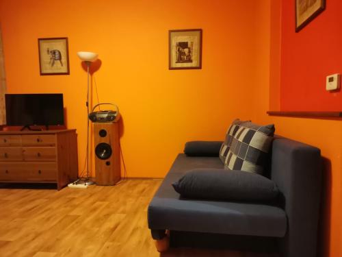a living room with a couch and a television at Apartmán Bedřichov in Bedřichov