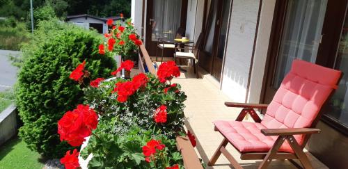 a porch with two chairs and red flowers on it at Haus Mansaura in Vandans