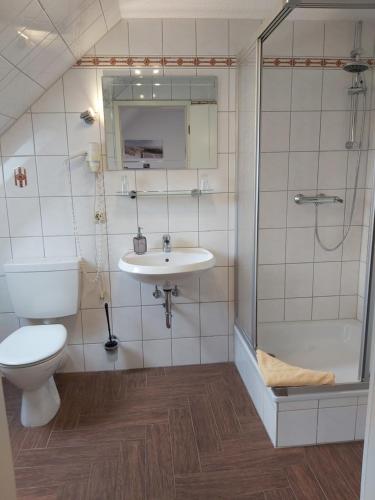 a bathroom with a toilet and a shower and a sink at Gästehaus Pension Heß - Das kleine Hotel in Güstrow