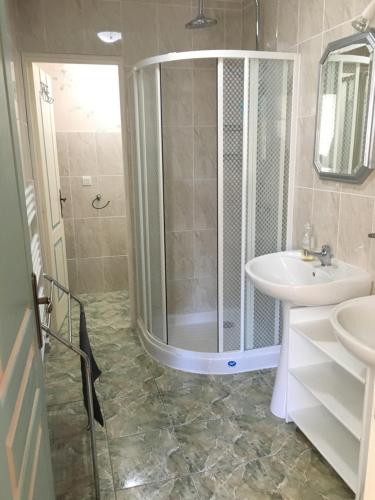ein Bad mit einer Dusche und einem Waschbecken in der Unterkunft Maison Cardeillac in Haget