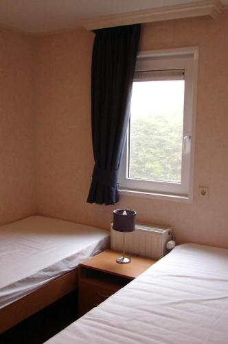 a bedroom with two beds and a window at Strandhut 64 in Sint Annaland