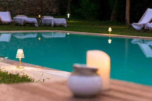 a swimming pool with a vase in front of it at La Barchessa di Villa Pisani in Lonigo
