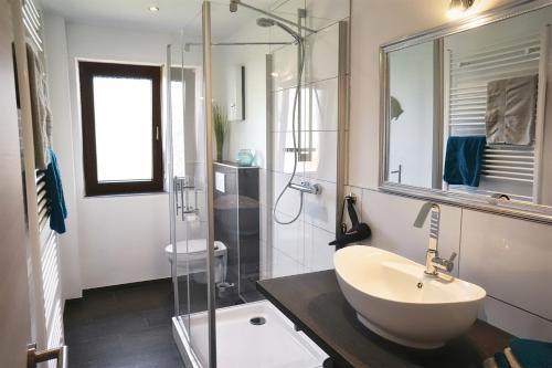 uma casa de banho com um lavatório e uma cabina de duche em vidro. em Ferienwohnung Himmelreich em Bernkastel-Kues