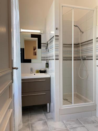 a bathroom with a shower and a sink and a glass shower stall at Hôtel Le Colombier in Moustiers-Sainte-Marie