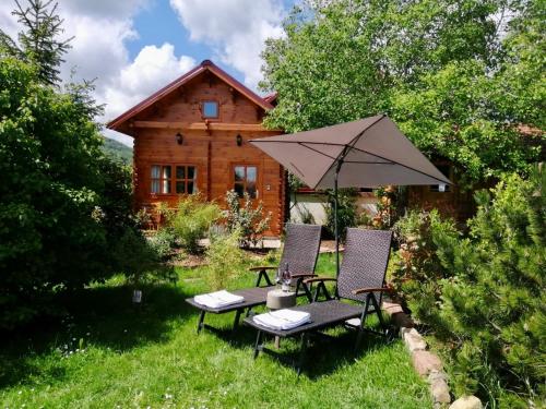 ein paar Stühle und ein Regenschirm vor einer Hütte in der Unterkunft Ferienhaus Kleine Pfalz in Ranschbach