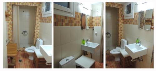 two pictures of a bathroom with two sinks and toilets at Lagoon Beach House in Nea Potidaea
