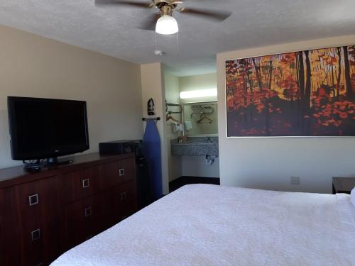 a bedroom with a bed and a flat screen tv at DEERFIELD INN in Parsons