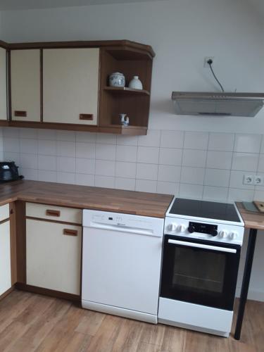 a kitchen with a stove and a white dishwasher at Auf dem Lande in Weener