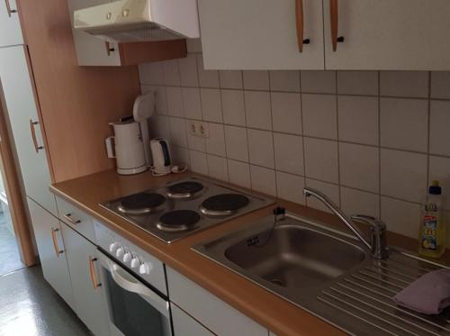 a kitchen with a sink and a stove top oven at Ferienwohnung zum "Kemmler" in Plauen