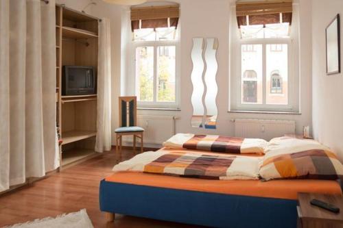 a bedroom with a bed and a tv and two windows at Vorbeischauen in Plauen 2 in Plauen