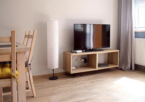 a living room with a television on a stand at Apartamenty-Obok 1 in Zator