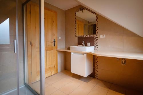 a bathroom with a sink and a mirror at Chata Lienka in Lazisko