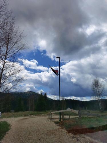 a kite flying in the sky on a cloudy day at Vikendica Nina in Mitrovac