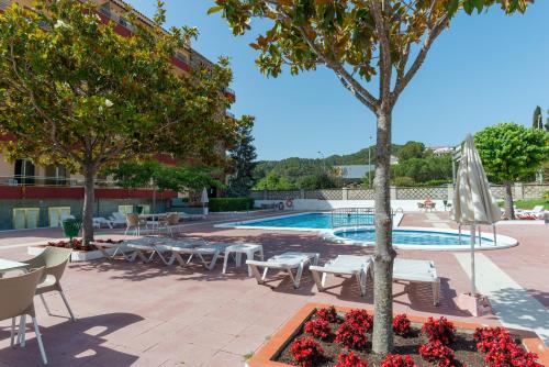 een zwembad met tafels en stoelen en een boom bij BLUESEA Continental in Tossa de Mar