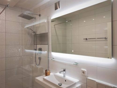 a bathroom with a sink and a mirror at INSIDER Appartement in Schönwald