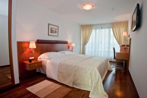 a bedroom with a large bed and a window at Hotel Croatia in Zagreb