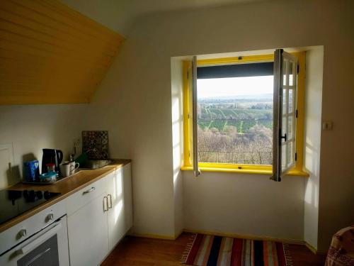 eine Küche mit einem Fenster mit Blick auf die Landschaft in der Unterkunft Roz Melen in Châteauneuf-du-Faou