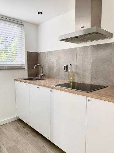a kitchen with white cabinets and a sink at Liv Residence Holiday Home with Sauna & Fireplace in Ermelo
