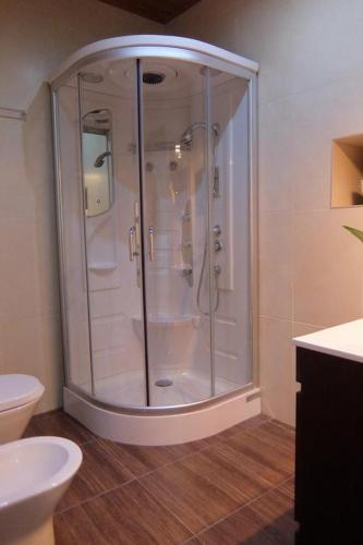a shower in a bathroom with a toilet and a sink at My Portugal for All - Lousada Villa in Lousada