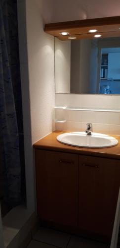 La salle de bains est pourvue d'un lavabo et d'un miroir. dans l'établissement Appartement ,le Trimaran, avec vue sur l'océan, à Guidel