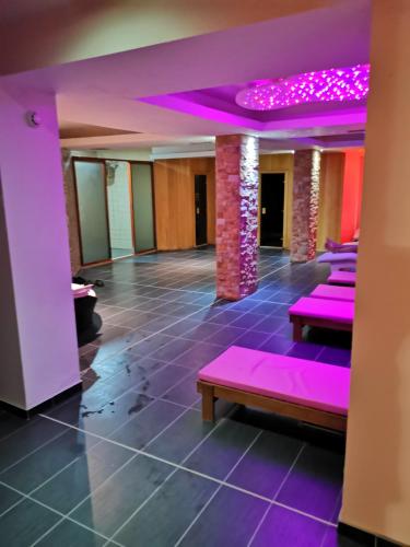 a room with purple lighting and a row of benches at G4 Apartment Milmari in Kopaonik