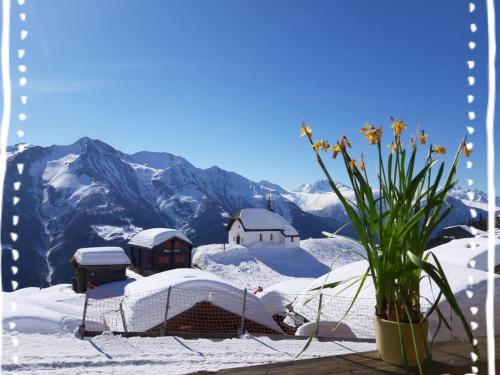 a view of a snow covered mountain with a church at Panorama Hotel & Restaurant in Bettmeralp
