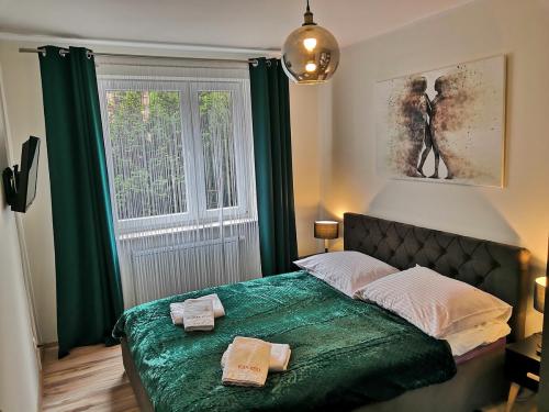 a bedroom with a bed with green sheets and a window at Apartament KAKADU in Konin