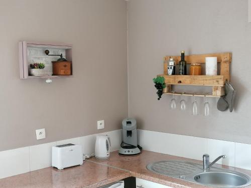 une cuisine avec un évier et un plan de travail dans l'établissement Proche Le Pouldu, cadre verdoyant avec parking, à Clohars-Carnoët