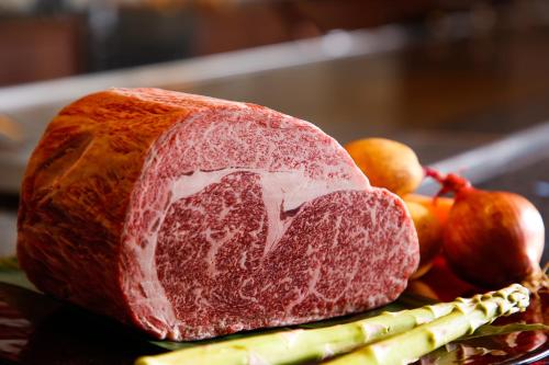 a piece of meat on a plate with fruit and vegetables at The Shiroyama Terrace Tsuyama Villa in Tuyama