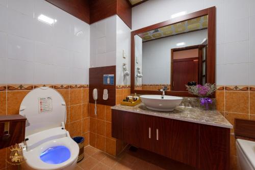 a bathroom with a toilet and a sink and a mirror at Chau Long Sapa 2 Hotel in Sapa