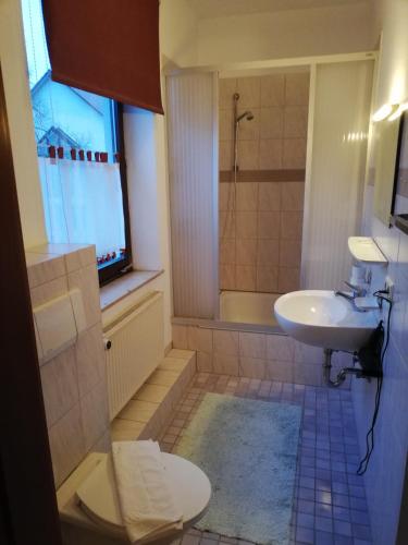 y baño con lavabo, aseo y ducha. en Hotel Linde, en Biberach-Ummendorf