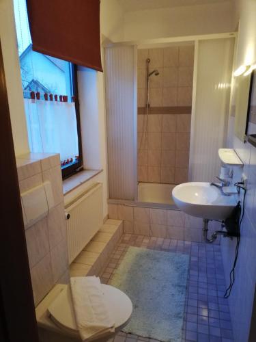Un baño con lavabo, inodoro y ducha. en Hotel Linde, en Biberach-Ummendorf