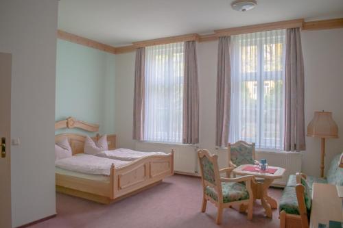 um quarto com uma cama, uma mesa e cadeiras em Pension Haus Marga em Wernigerode