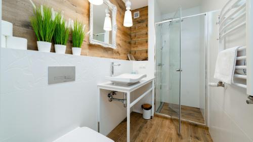 a bathroom with a sink and a shower at Triventi Mountain Residence, Sun & Snow in Karpacz