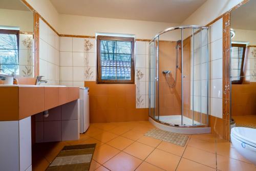 een badkamer met een douche, een wastafel en een toilet bij Chalupa Josta - 4 spálne - 3 kúpeľne - krytý altánok - skibus zastávka - wifi in Jezersko