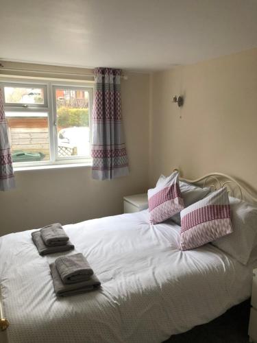 Un dormitorio con una cama blanca con almohadas rosas y blancas en 9 Bromleys Court en Church Stretton