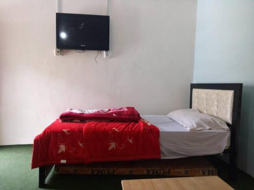 a bedroom with a bed with a tv on the wall at Ali Boq Hotel & Restaurant in Hunza Valley