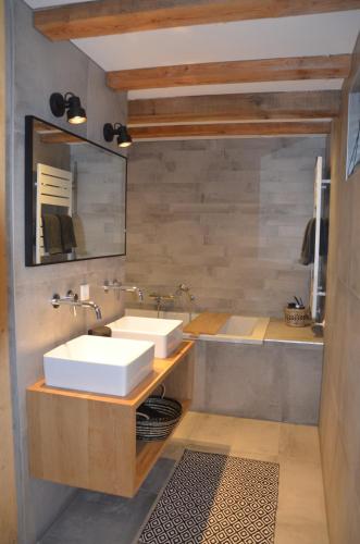 a bathroom with two sinks and a large mirror at Sjiek Basiliek in Oudenbosch
