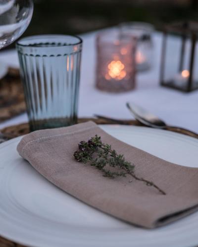 a napkin with a plant on top of a table at Mas de l'Arlequi in Rojals